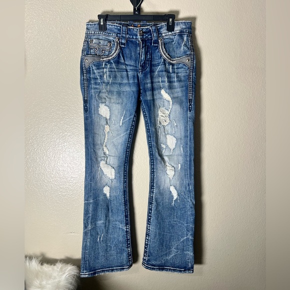 Men’s Rock Revival “Macken”Blue Distressed Boot Cut Jeans SZ 31 - Picture 1 of 9
